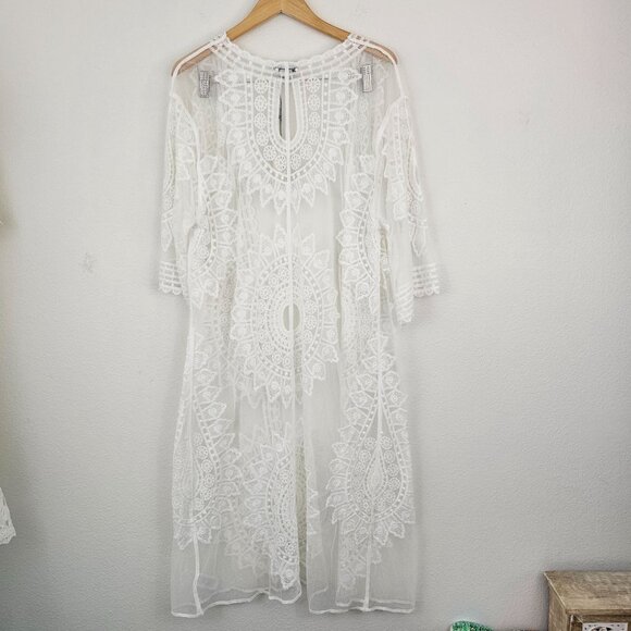 Rachel Zoe Lace Duster White Kimono Cover Up Embroidered Open Front OS Boho - Picture 14 of 15